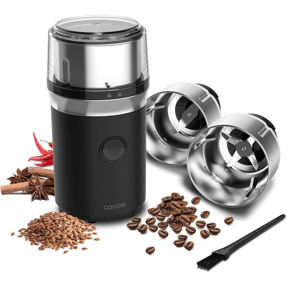 COSORI Electric Coffee Grinders for Spices, Seeds, Herbs, and Coffee Beans, Spice Blender and Espresso Grinder, Wet and Dry Grinder, Included 2 Removable Stainless Steel Bowls, Black(12 Cups)