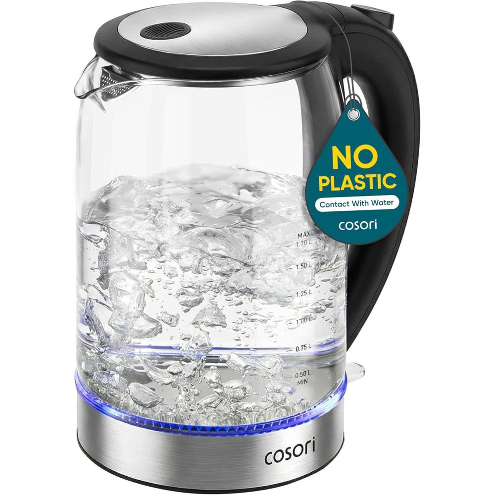 Cosori Electric Kettle, No Plastic Filter & Spout, Tea Kettle & Hot Water Boiler For Coffee & Tea, Water Heater & Teapot, Automatic Shut Off, Borosilicate glass, Red, 1.7L/1500W(Black)