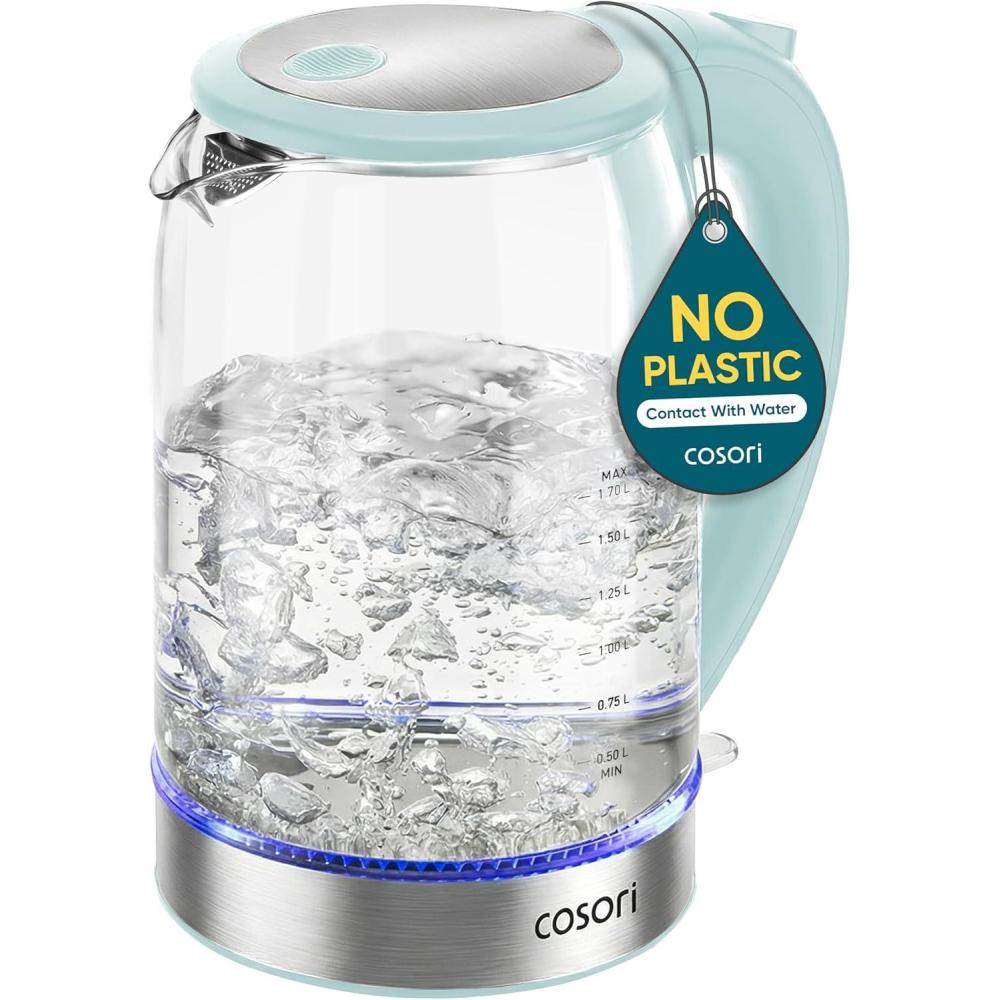 Cosori Electric Kettle, No Plastic Filter & Spout, Tea Kettle & Hot Water Boiler For Coffee & Tea, Water Heater & Teapot, Automatic Shut Off, Borosilicate glass, Red, 1.7L/1500W(Green)