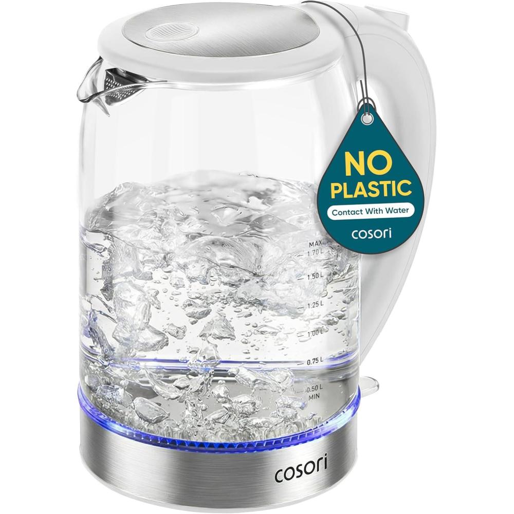 Cosori Electric Kettle, No Plastic Filter & Spout, Tea Kettle & Hot Water Boiler For Coffee & Tea, Water Heater & Teapot, Automatic Shut Off, Borosilicate glass, Red, 1.7L/1500W(White)