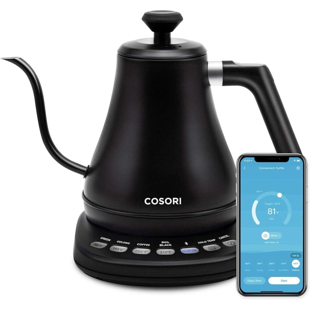 COSORI Electric Gooseneck Kettle with 5 Temperature Control Presets, Pour Over Kettle for Coffee & Tea, Hot Water Boiler, 100% Stainless Steel Inner Lid & Bottom, 1200W/0.8L(Matte Black)