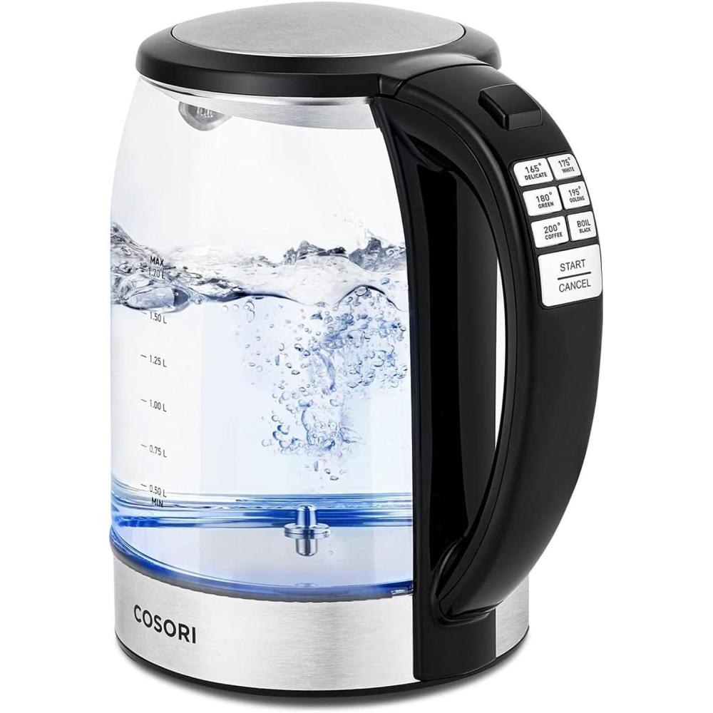 Cosori Electric Kettle, No Plastic Filter & Spout, Tea Kettle & Hot Water Boiler For Coffee & Tea, Water Heater & Teapot, Automatic Shut Off, Borosilicate glass, Red, 1.7L/1500W(Clear)