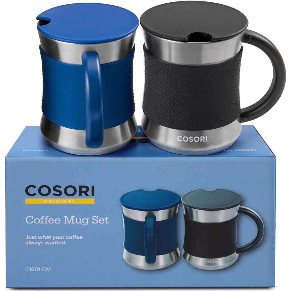 COSORI Coffee Mug with Lids Set of 2, Stainless Steel Cups with Heat-resistant Handle & Slip-resistant Sleeve, 17 oz, Best Match w/Mug Warmer, for Coffee,Tea,Water,Cocoa, Milk, C1601-CM, Black & Blue(Black/Blue)