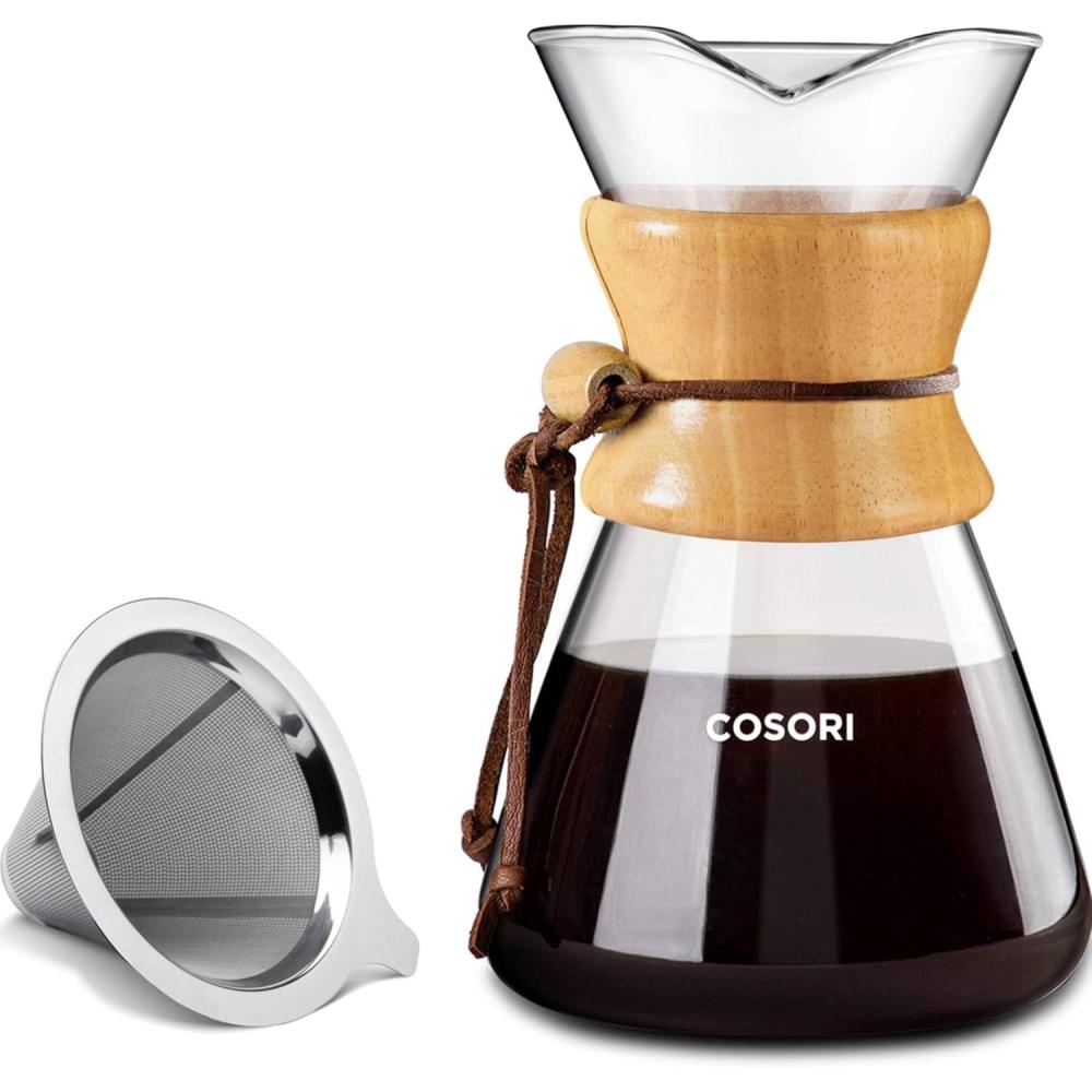 COSORI Pour Over Coffee Maker with Double Layer Stainless Steel Filter, 8-Cup, 34oz, Drip Coffee Maker, Coffee Dripper Brewer, High Heat Resistant Carafe, also for Camping, Hiking(Clear)