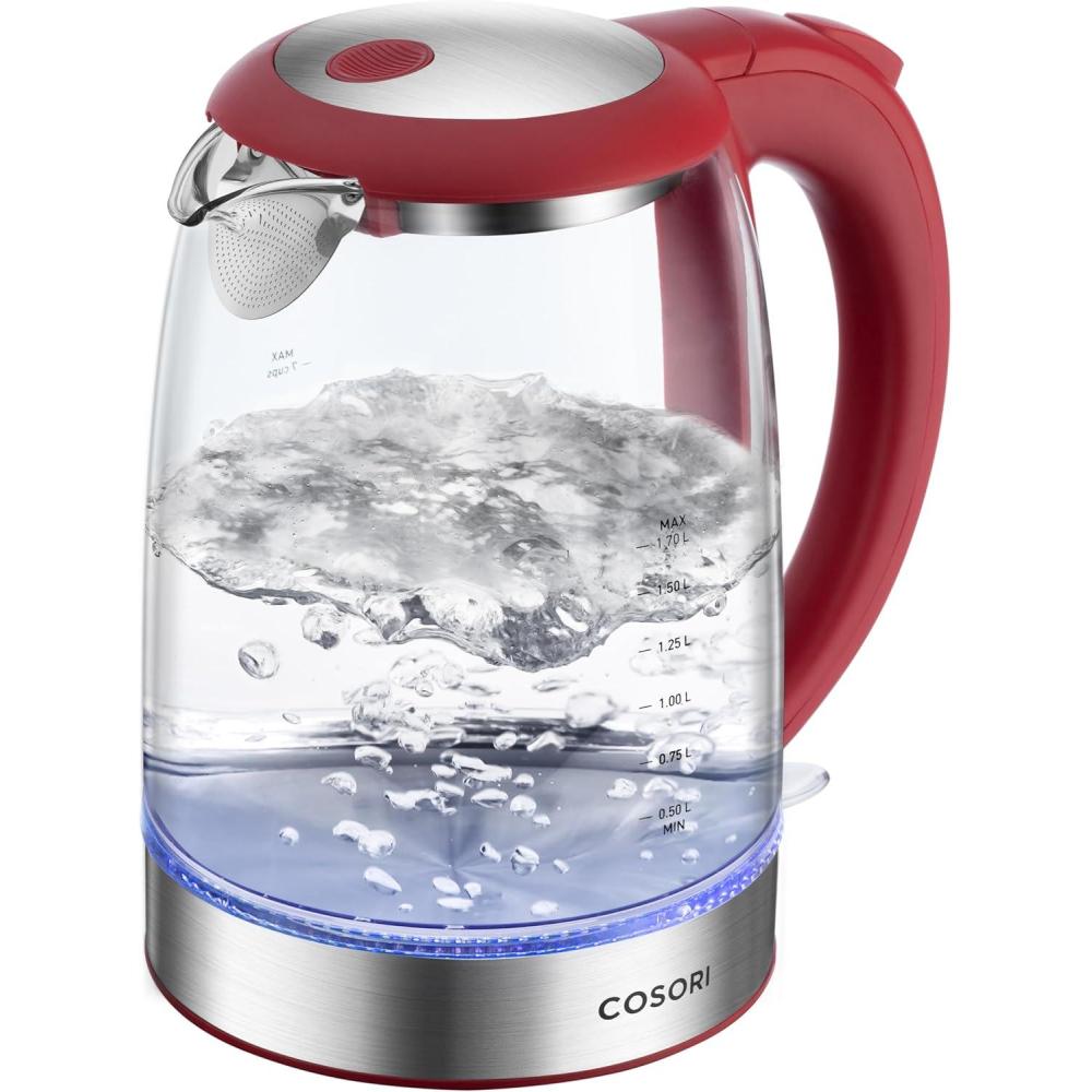 Cosori Electric Kettle, No Plastic Filter & Spout, Tea Kettle & Hot Water Boiler For Coffee & Tea, Water Heater & Teapot, Automatic Shut Off, Borosilicate glass, Red, 1.7L/1500W(Ruby Red)