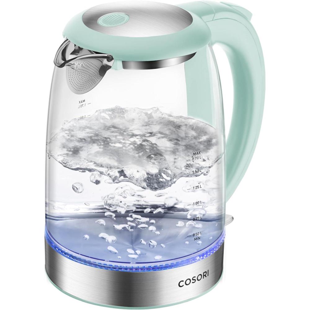 Cosori Electric Kettle, No Plastic Filter & Spout, Tea Kettle & Hot Water Boiler For Coffee & Tea, Water Heater & Teapot, Automatic Shut Off, Borosilicate glass, Red, 1.7L/1500W(Subtle Green)
