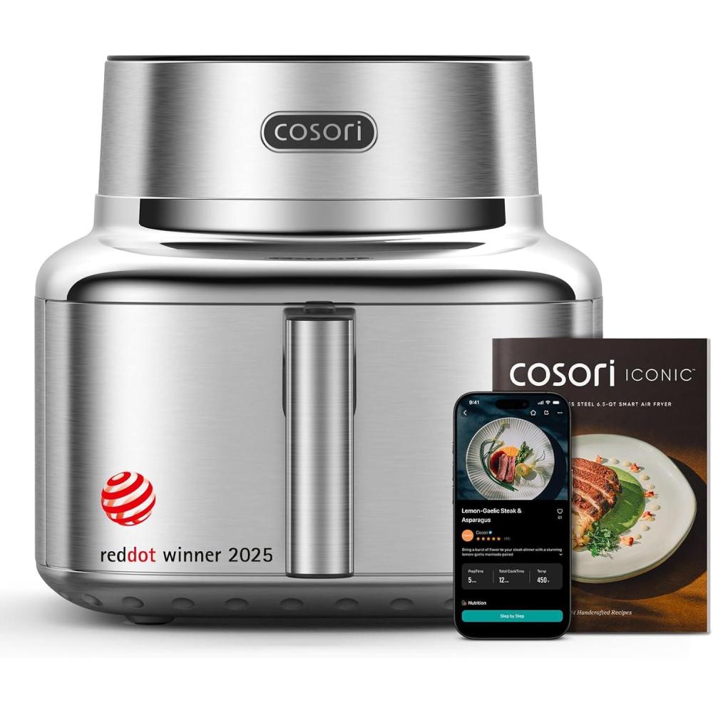 Cosori Iconic Stainless Steel 6.5 Qt Smart Air Fryer, PFAS-Free Ceramic Coating, Max 450°F, Consistent Cooking, Air Fry, Roast, Bake, Dry, Proof, Reheat, Dishwasher-Safe Basket, Chef-Crafted Recipes(Stainless Steel)
