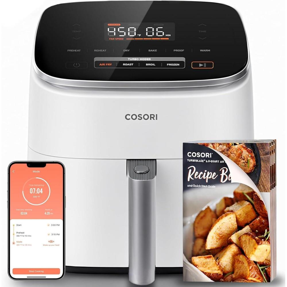 Cosori Iconic Stainless Steel 6.5 Qt Smart Air Fryer, PFAS-Free Ceramic Coating, Max 450°F, Consistent Cooking, Air Fry, Roast, Bake, Dry, Proof, Reheat, Dishwasher-Safe Basket, Chef-Crafted Recipes(Cream WiFi)