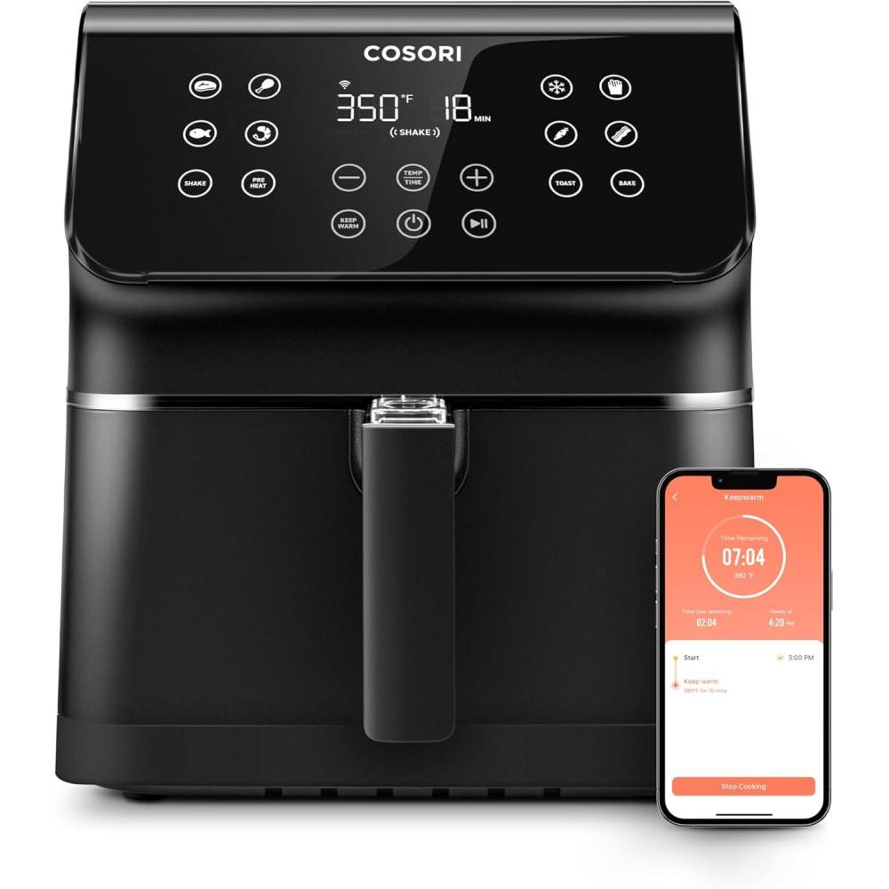 COSORI 12-in-1 Air Fryer 5.8QT, Toast, Bake, Nutrition Facts for 100+ In-App Recipes, AdaptIQ Tech Fast Cook, for Main & Side Dishes, Snacks, Leftovers, Detachable Square Basket, Dishwasher Safe(Black-WIFI)