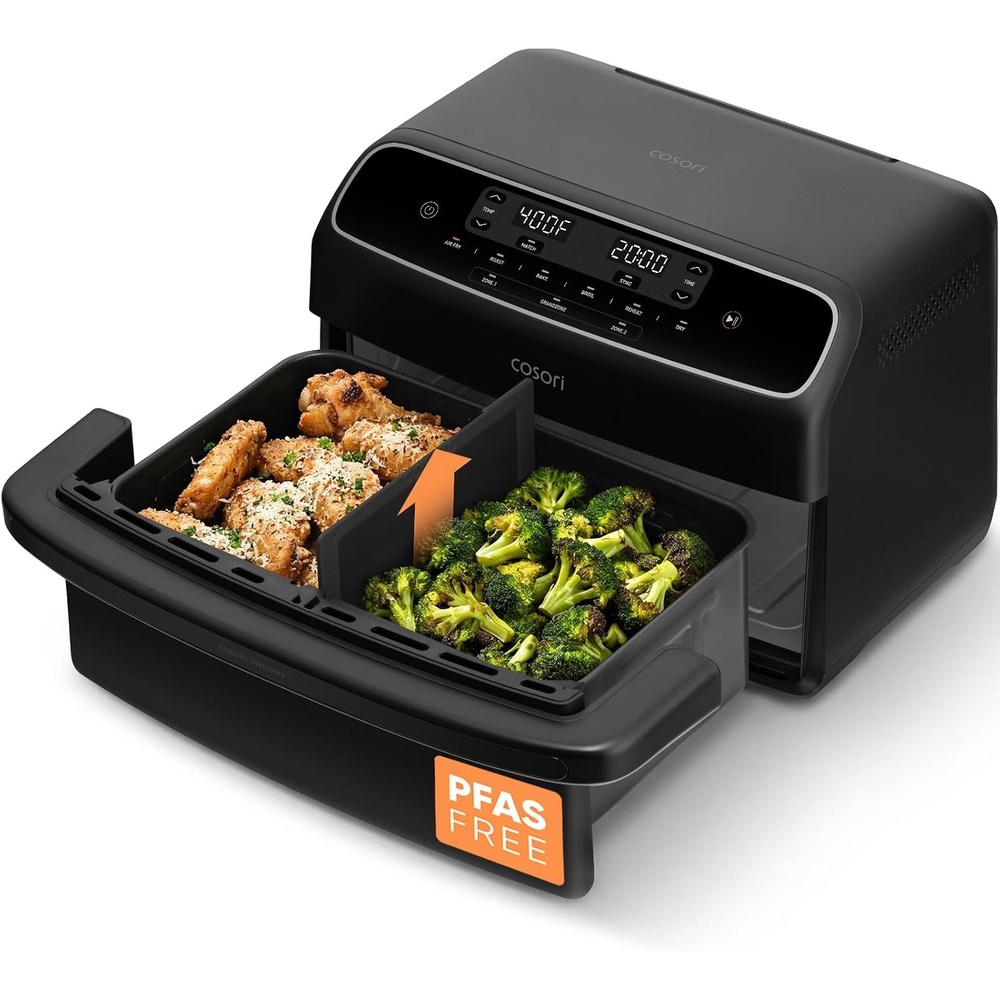 Cosori TWINFRY 9 QT Double Air Fryer, Removable Divider, PFAS-Free Ceramic | Dual 4.5Qt & Full 9Qt, Two Ways to Cook, 6-in-1, Independent Cooking, Match&Sync, Dishwasher-Safe, Countertop Friendly(Black)
