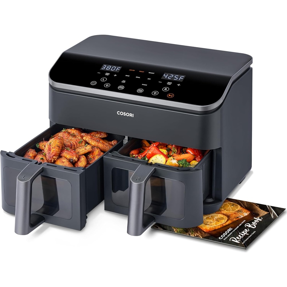Cosori TWINFRY 9 QT Double Air Fryer, Removable Divider, PFAS-Free Ceramic | Dual 4.5Qt & Full 9Qt, Two Ways to Cook, 6-in-1, Independent Cooking, Match&Sync, Dishwasher-Safe, Countertop Friendly(Dark Grey)