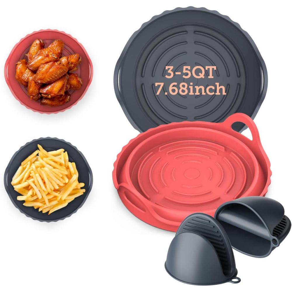 COSORI Air Fryer Silicone Liners for 3-5 Qt, 7.6 Inch Reusable Basket, Certified Food Grade Accessories, Resistant up to 450°F, Thickened & Durable​, Non-stick Dishwasher Safe, Gloves Included, 2 Pcs(Gray&red)
