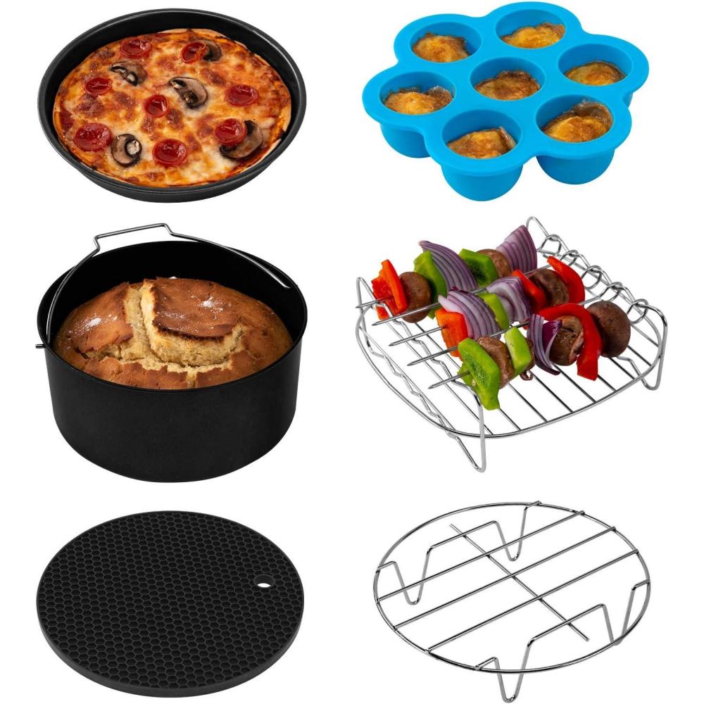 COSORI Air Fryer Accessories, Set of 6 Perfect for Most 5.0 Qt and Larger Ovens, Cake & Pizza Pan, Metal Holder, Rack & Skewers, etc, BPA Free, Nonstick, Dishwasher Safe, 5.8 QT, Black(Gray&Red)
