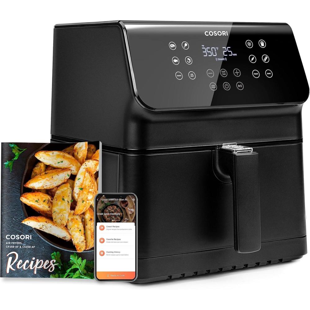 COSORI 12-in-1 Air Fryer 5.8QT, Toast, Bake, Nutrition Facts for 100+ In-App Recipes, AdaptIQ Tech Fast Cook, for Main & Side Dishes, Snacks, Leftovers, Detachable Square Basket, Dishwasher Safe(BLACK-Preset WIFI)
