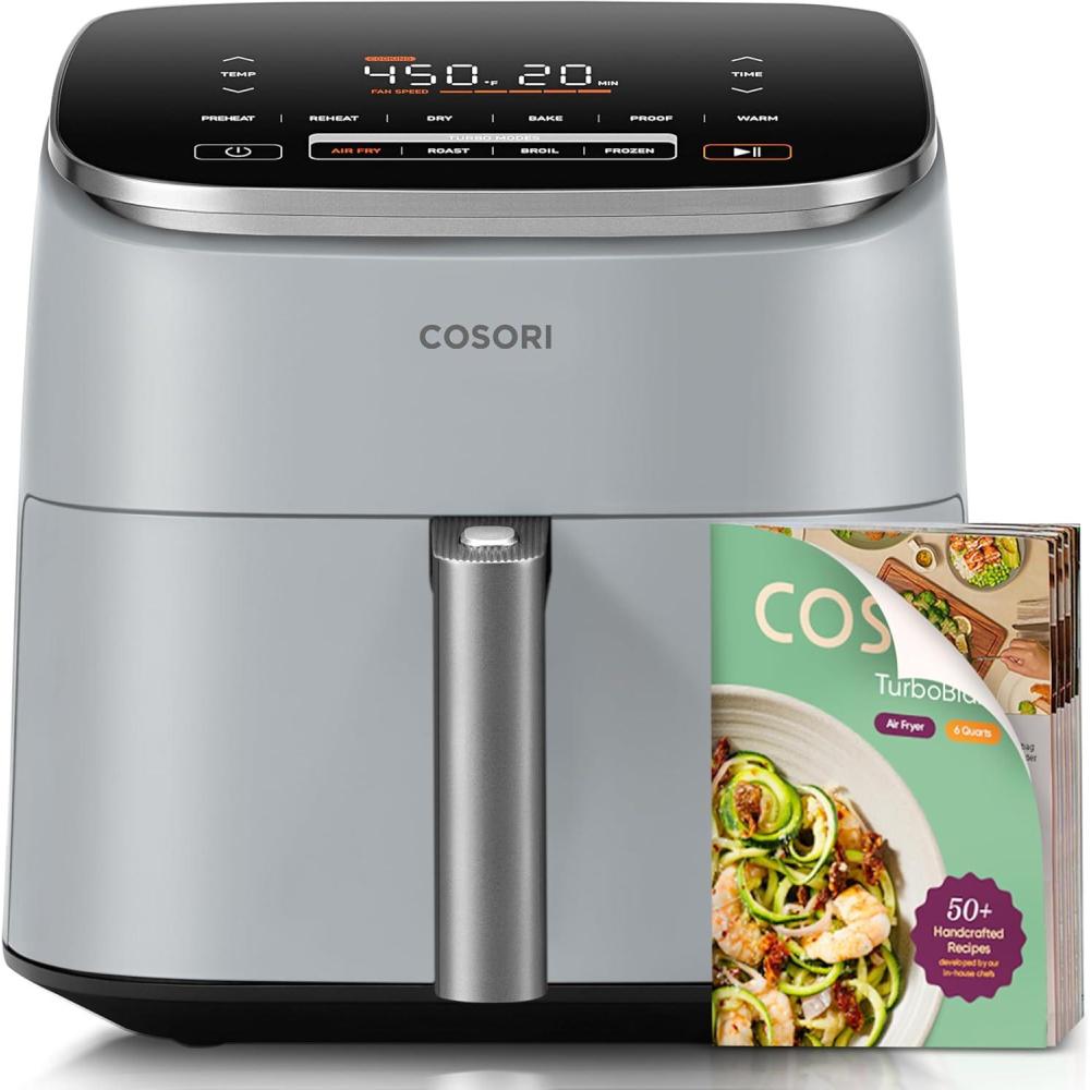 Cosori Iconic Stainless Steel 6.5 Qt Smart Air Fryer, PFAS-Free Ceramic Coating, Max 450°F, Consistent Cooking, Air Fry, Roast, Bake, Dry, Proof, Reheat, Dishwasher-Safe Basket, Chef-Crafted Recipes(Light Gray)