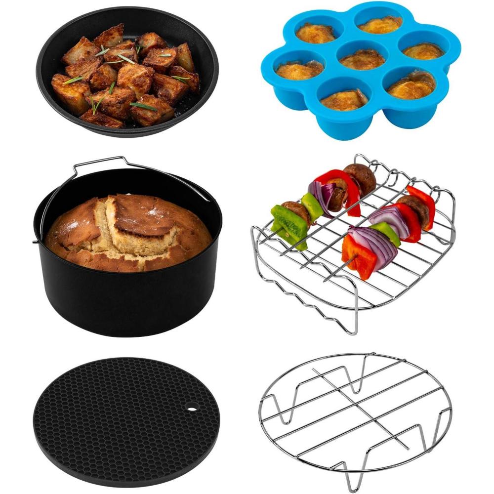 COSORI Air Fryer Accessories, Set of 6 Perfect for Most 5.0 Qt and Larger Ovens, Cake & Pizza Pan, Metal Holder, Rack & Skewers, etc, BPA Free, Nonstick, Dishwasher Safe, 5.8 QT, Black(Black)