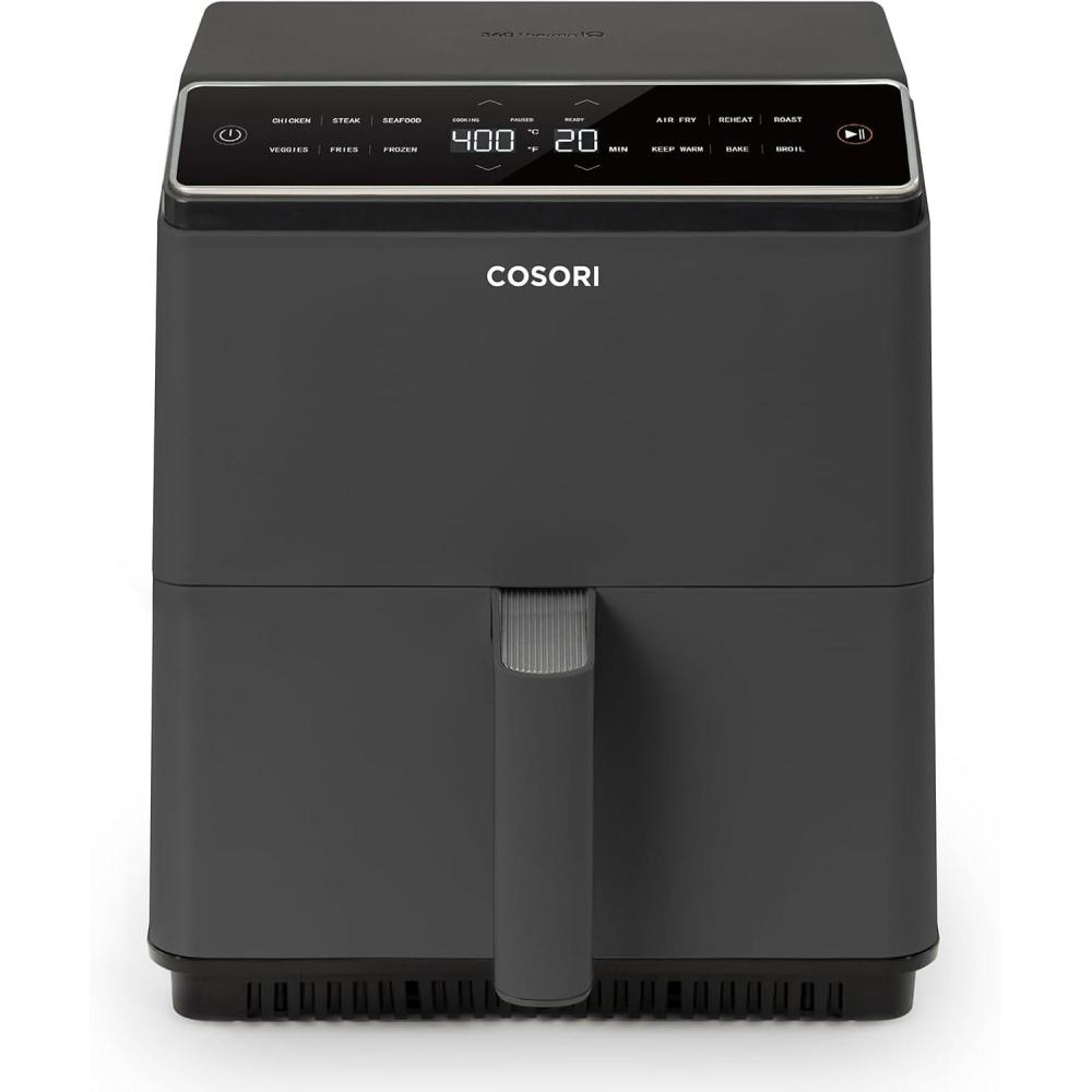 Cosori Iconic Stainless Steel 6.5 Qt Smart Air Fryer, PFAS-Free Ceramic Coating, Max 450°F, Consistent Cooking, Air Fry, Roast, Bake, Dry, Proof, Reheat, Dishwasher-Safe Basket, Chef-Crafted Recipes(Grey)