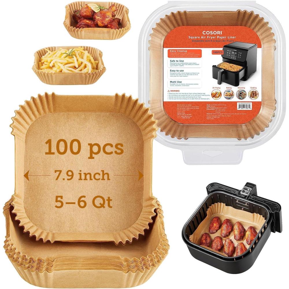COSORI Air Fryer Liners, 100 PCS Square Disposable Paper Liners, Non-Stick Silicone Oil Coating, Little to No Cleaning, 7.9″ Unbleached Food Grade, Resistant to 465°F, Thickened Not Easy to Break(Wood)