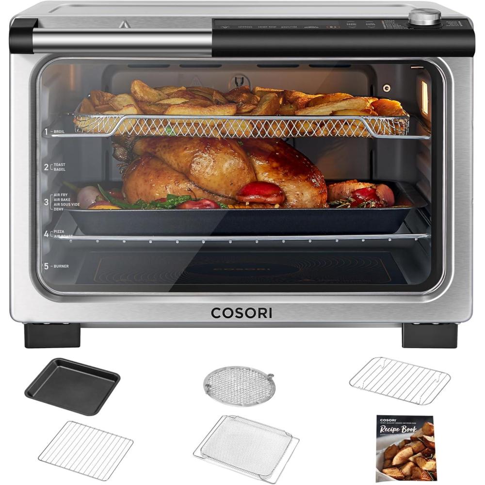 COSORI 11-in-1 Ceramic Air Fryer Toaster Oven Combo, Flat-Sealed Heating Elements for Easy Cleanup, Innovative Burner Function, 5 Accessories & Recipes, 26QT, Silver, Stainless Steel(Ceramic-Stainless Steel)