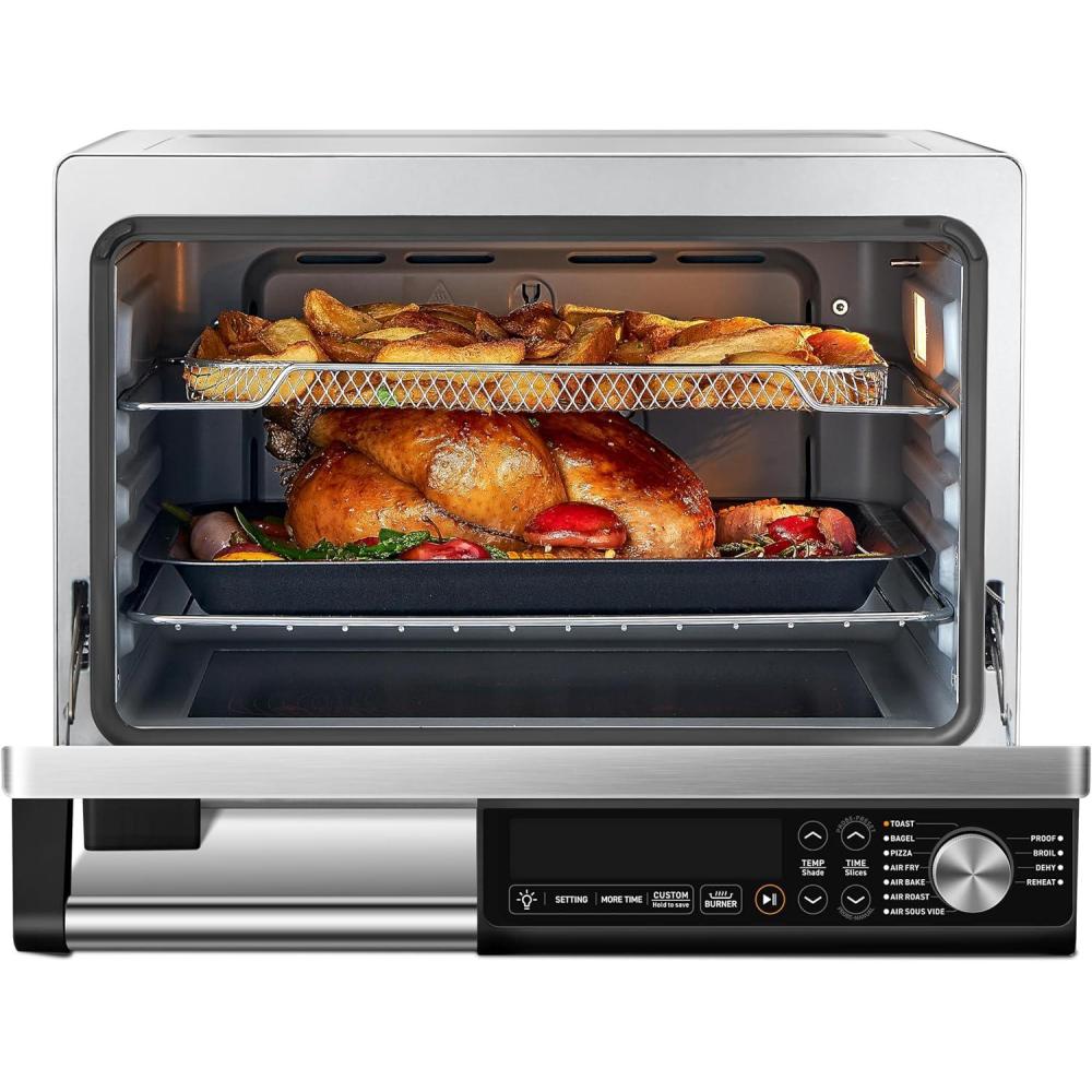 COSORI Ceramic Air Fryer Toaster Oven Combo, 11-in-1 Flat-Sealed Heating Elements for Easy Cleanup, Innovative Burner Function, 6 Accessories & Recipes, 26QT, Silver, Stainless Steel(Silver-Ceramic)