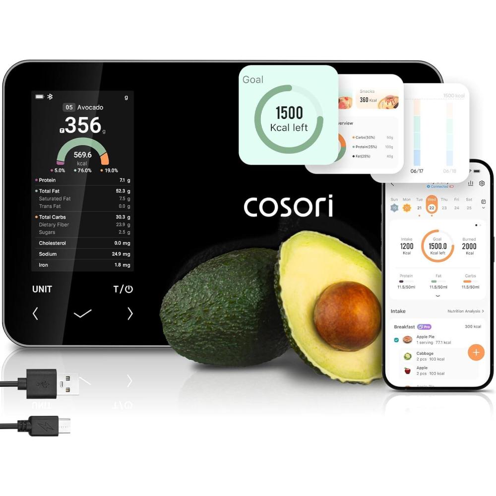 Cosori Smart Food Kitchen Scale with Nutritional Calculator, Free App for AI Scan, Calorie & Macro Tracking, Food Preload, On-Screen Nutrient Info, Personal Goals, Rechargeable, 11 lb / 5 kg