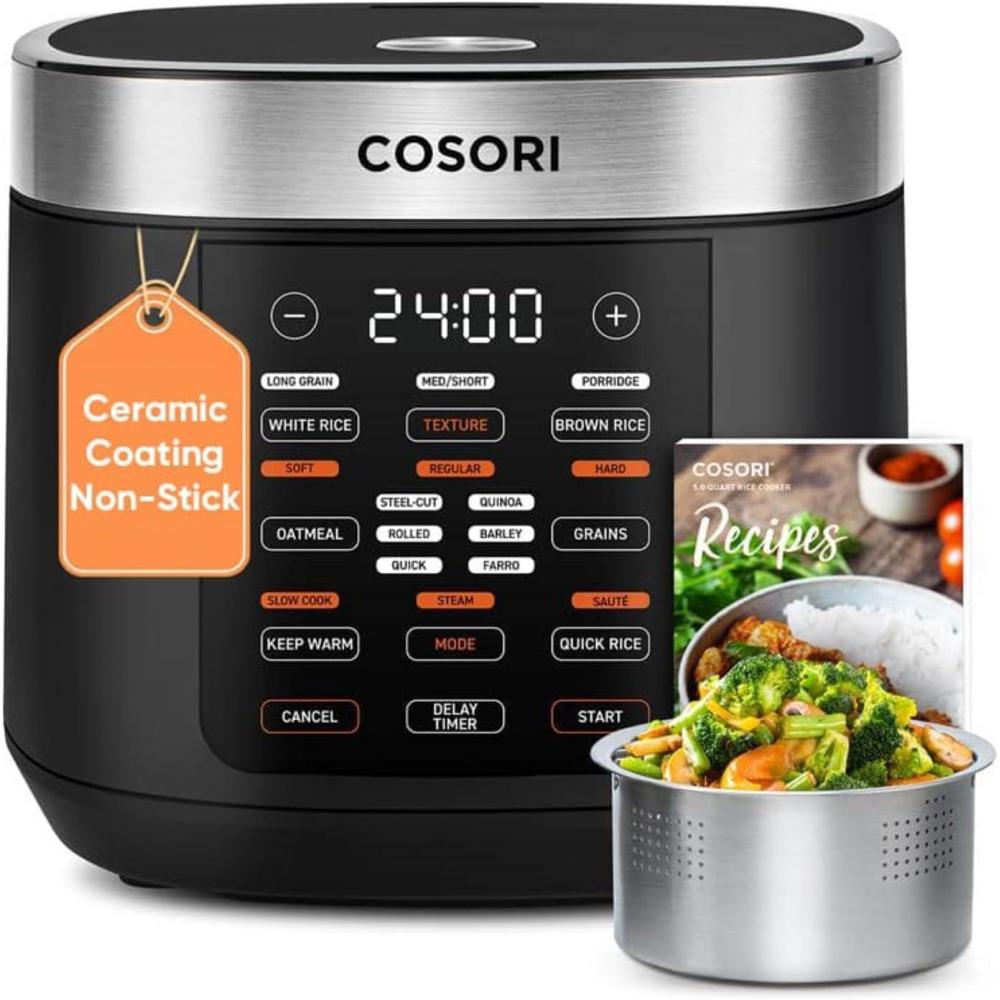 COSORI Rice Cooker 10 Cup, 24h Keep Warm, Non-stick Ceramic Inner Pot, 18 Functions Fuzzy Logic Rice Maker with Stainless Steel Steamer Basket, Sauté, Slow Cooker, Black(Rice Cooker)