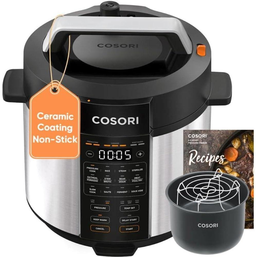 COSORI Pressure Cooker 6QT, Stainless Steel, 9-in-1 Multi Cooker, 12 Safety Features, Ceramic Inner Pot, Rice, Slow Cook, Sous Vide, Saute, 1100W(Pressure Cooker)